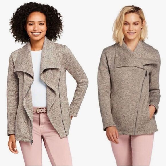 Lands End Motto Knit Fleece Oatmeal Tweed Asymmetrical Zip Jacket Blazer Coat - Picture 3 of 16